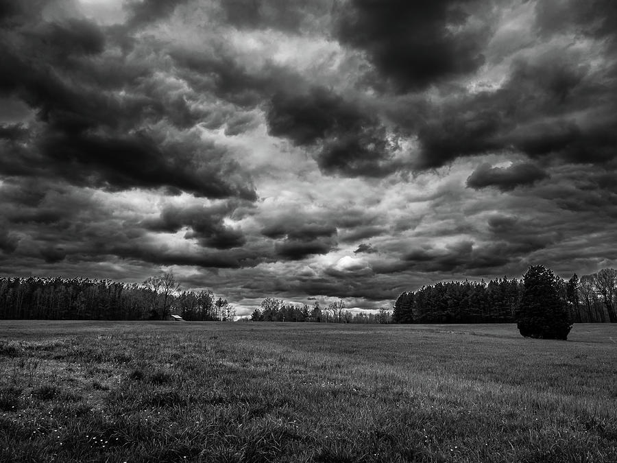 Black And White Photograph - Spring Storm Clouds Over A Nutbush Virginia Farm by Robby Batte
