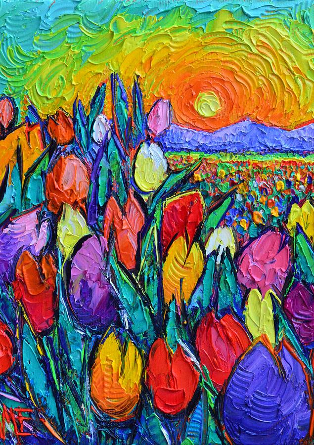 SPRING SUNRISE COLORFUL TULIPS FIELD commissioned painting on 3D canvas landscape Ana Maria Edulescu Painting by Ana Maria Edulescu