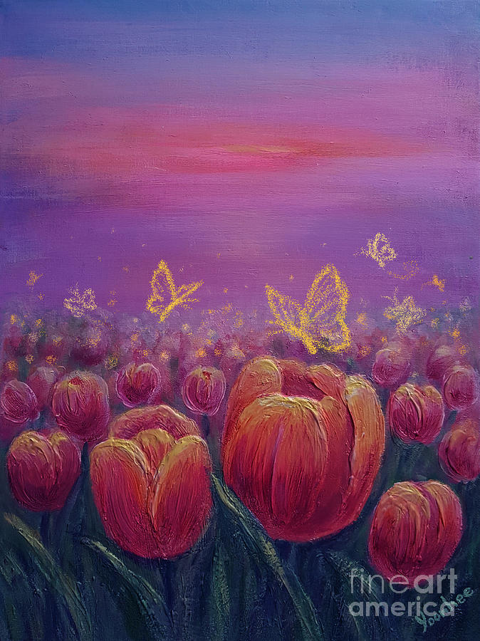 Twilight on Tulip Field Painting by Yoonhee Ko