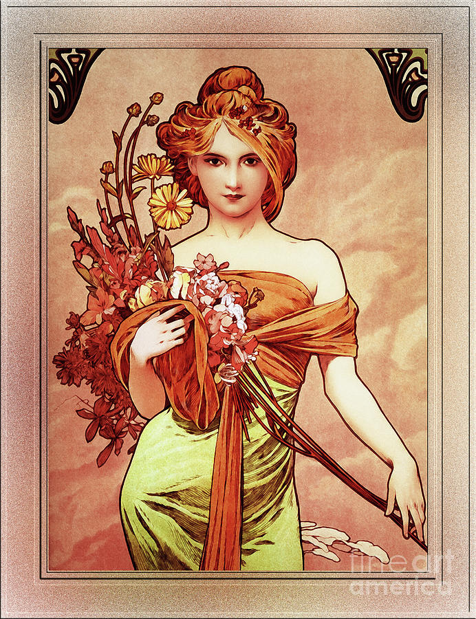 Spring The Golden Beauty by Alphonse Mucha Vintage Xzendor7 Old Masters Art Reproductions Painting by Rolando Burbon