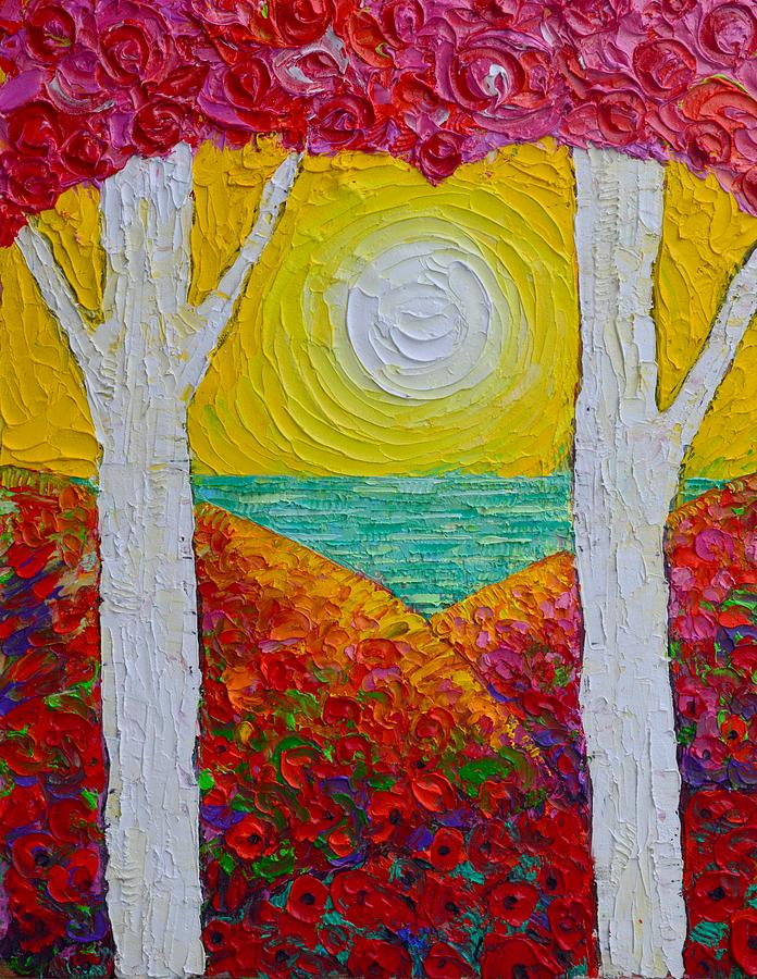 SPRING TREES LOVE HEART abstract landscape poppies hills at sunrise by the sea Painting by Ana Maria Edulescu