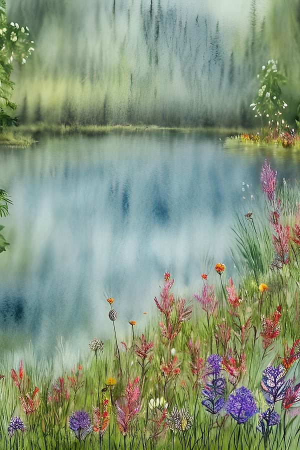 Dreamy Lake View - mountain lake, wildflowers Mixed Media by Bonnie Bruno