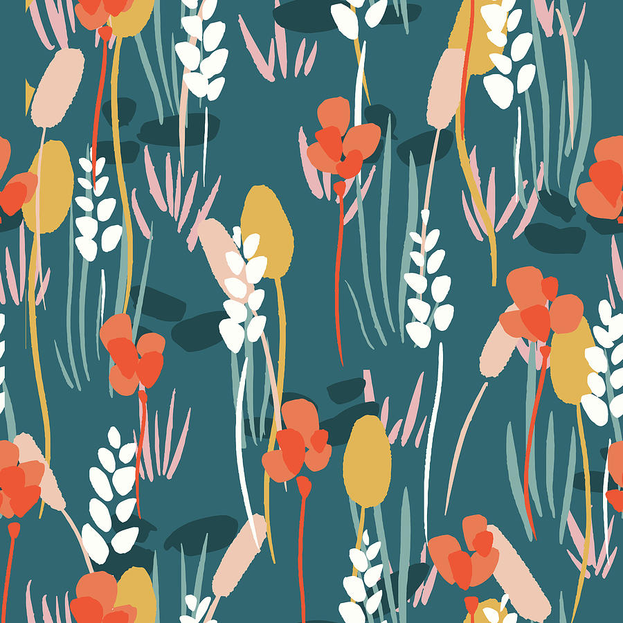 Spring Wild Flower Seamless Pattern In Bright Colours On Green Background. Abstract Flower Field Hand Drawn Illustration. Drawing