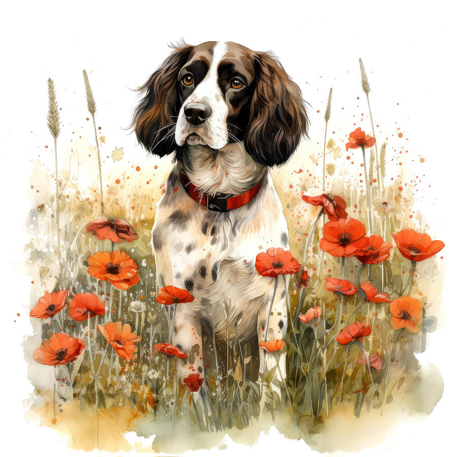 Springer Spaniel sitting in a cornfield with poppies Digital Art by Carl H Payne