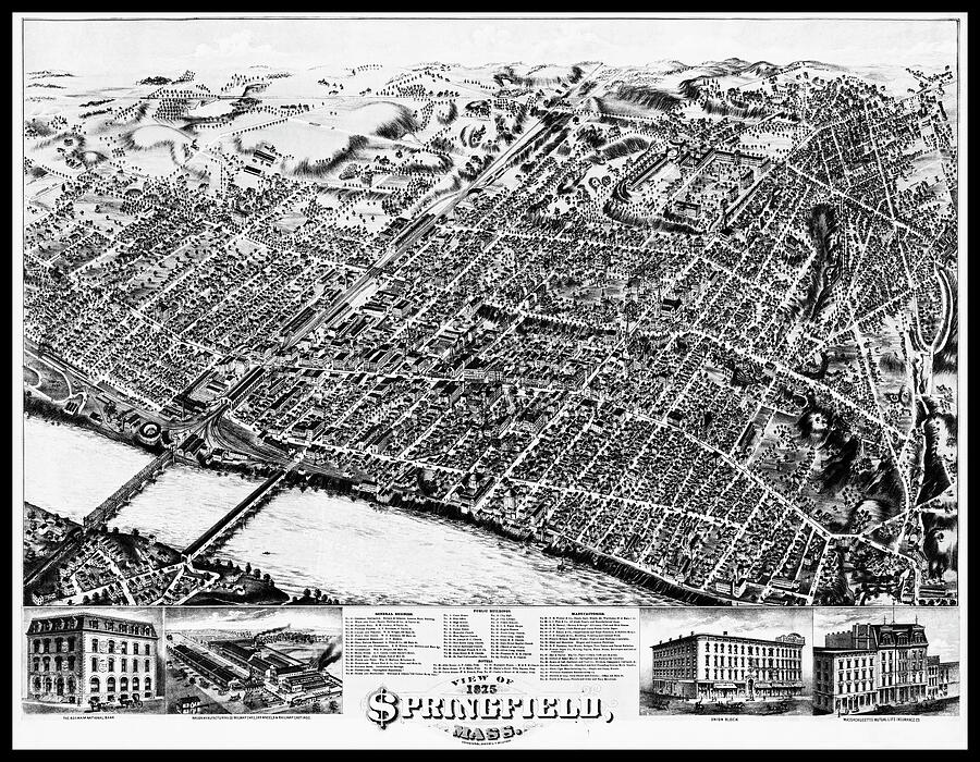 Springfield Massachusetts Vintage Map Birds Eye View 1875 Black and ...