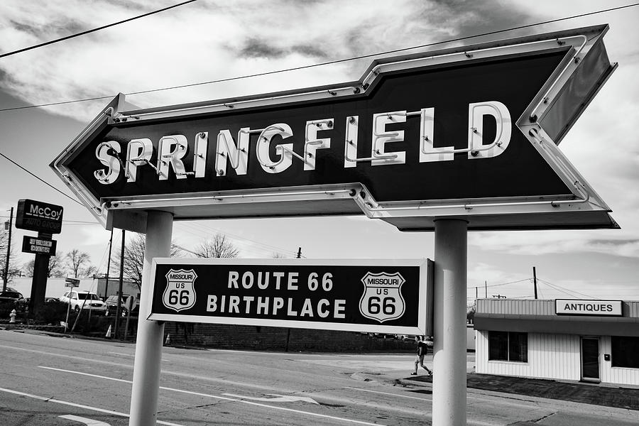 Springfield Missouri Birthplace of Route 66 sign in black and white Photograph by Eldon McGraw