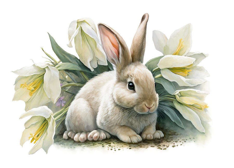 Springtime Delights - A Watercolour Easter Bunny and Lilies Digital Art by John Twynam