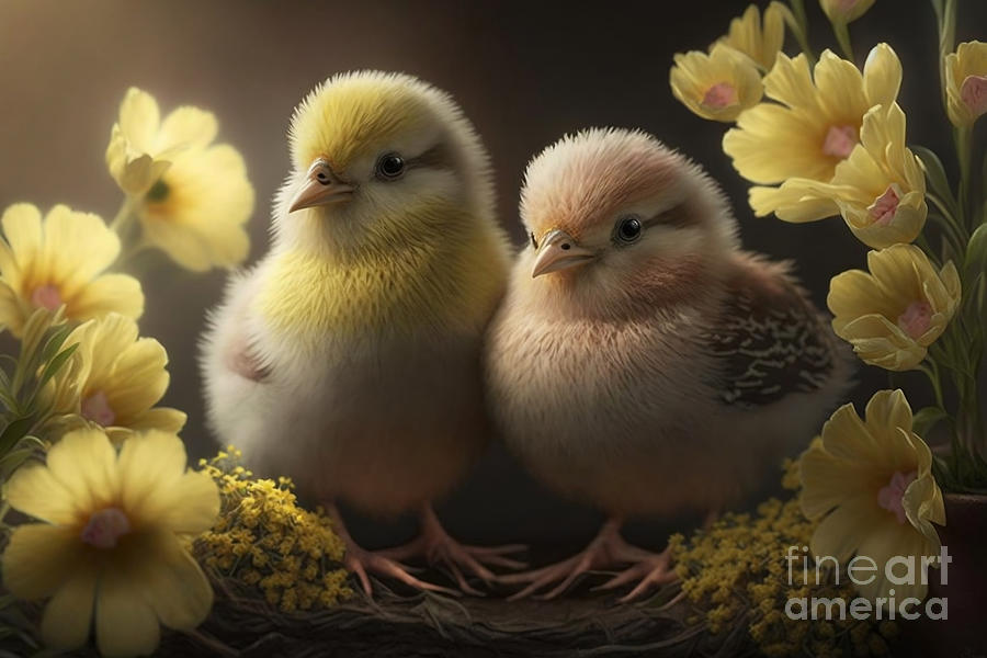 Easter Digital Art - Springtime Magic, Photorealistic Easter Chicks Amidst Blossoming Flowers by Jeff Creation