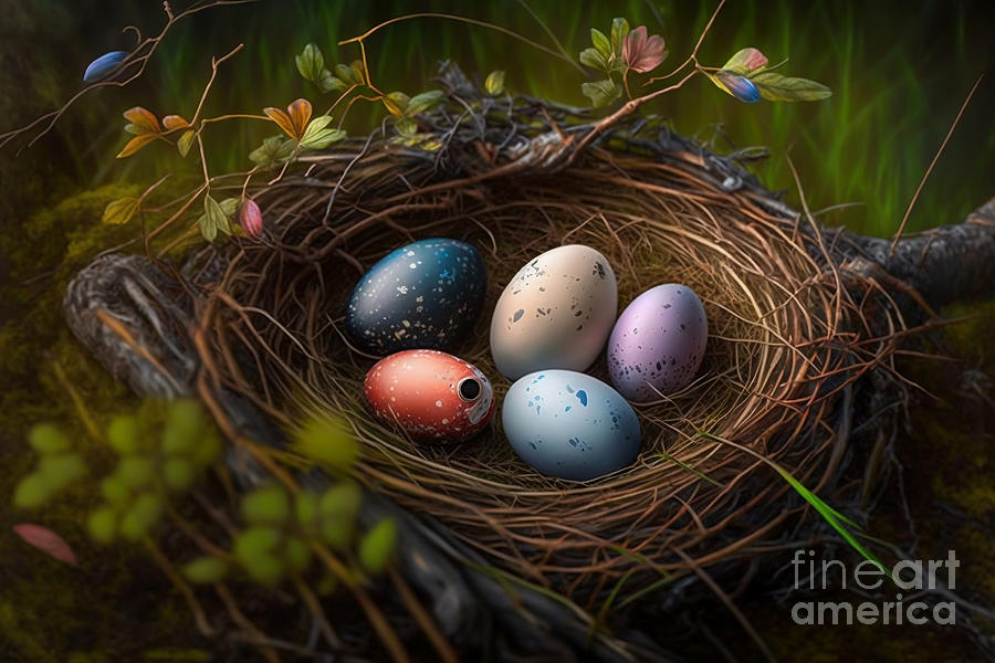 Easter Digital Art - Springtime Nest, Photorealistic Easter Eggs Colored in Natures Embrace by Jeff Creation