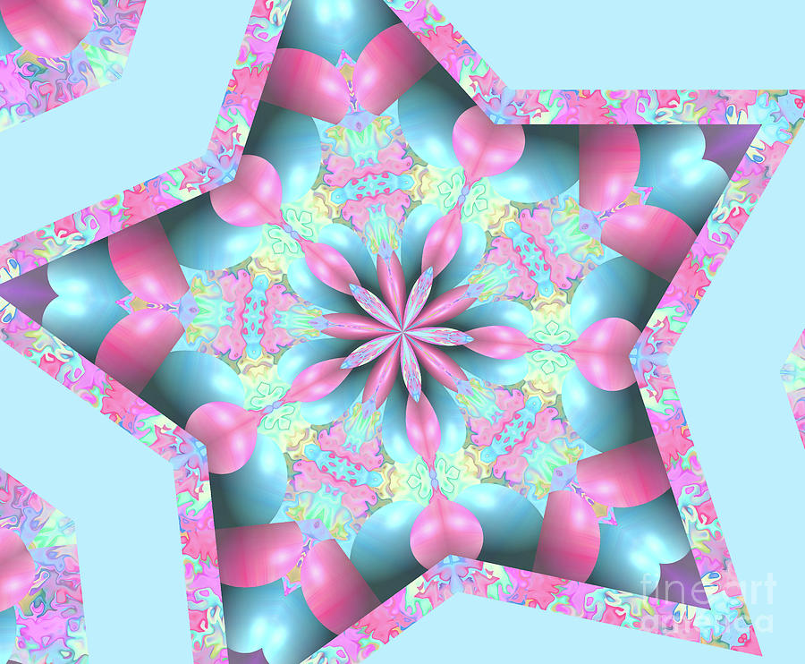 Springtime Pink And Blue Hearts And Star Abstract Mandala Kaleidoscope Digital Art