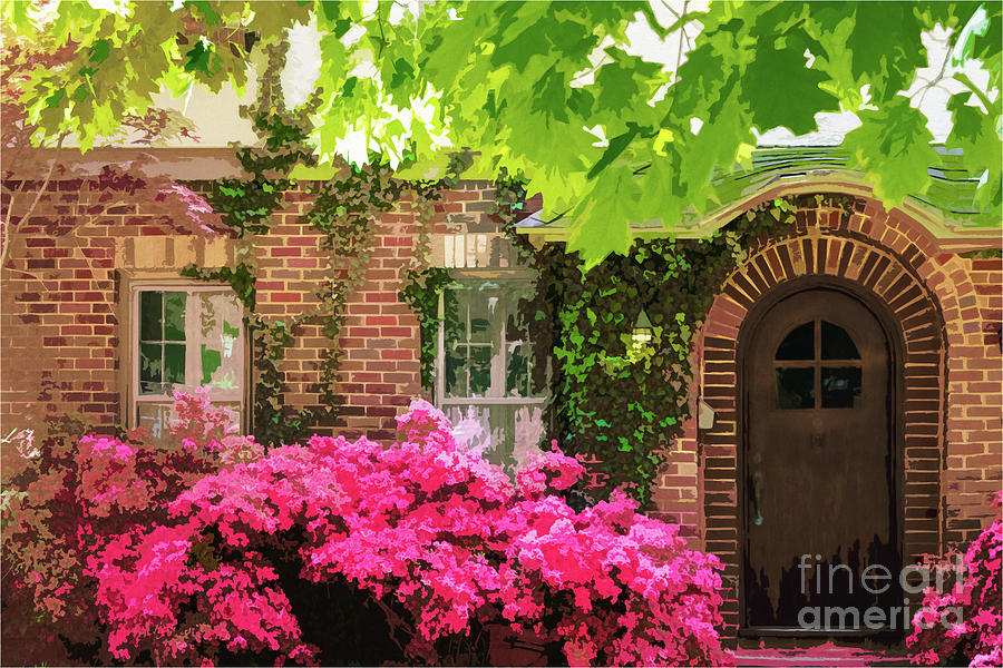 Springtime romantic cottage with vines and azaleas  Digital Art by Susan Vineyard