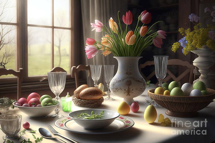 Easter Digital Art - Springtime Soiree, Photorealistic Easter Table Setting for Festive Gatherings by Jeff Creation