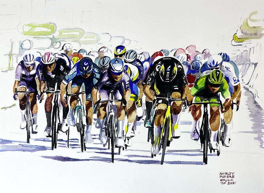 Sprint finish on the Champs Elysee Painting by Shirley Peters