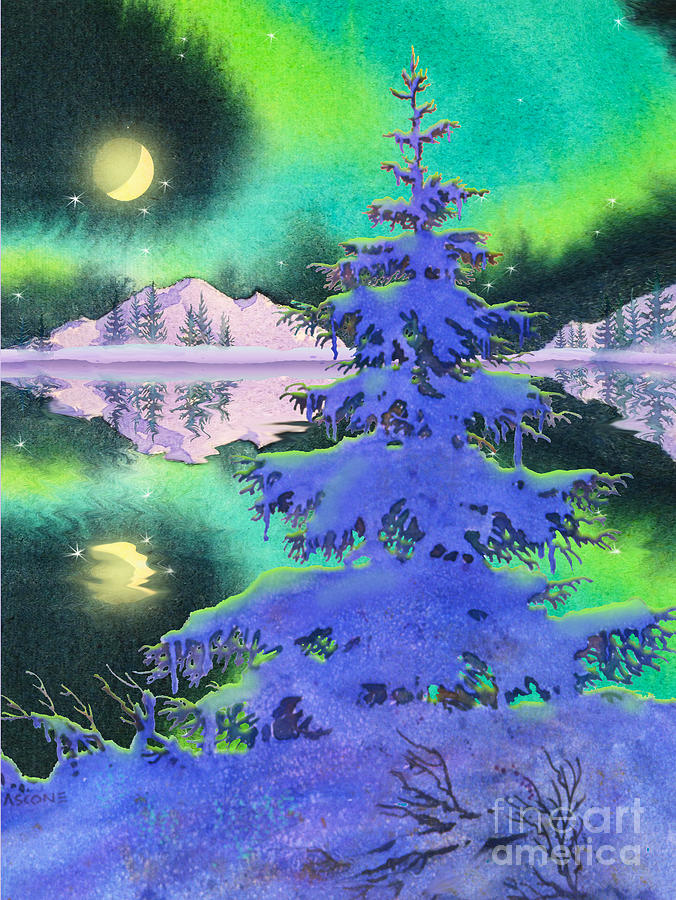 Spruce with Aurora Painting by Teresa Ascone