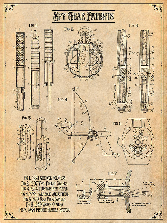 Spy Gear Patents Antique Paper Print Drawing by Greg Edwards - Pixels