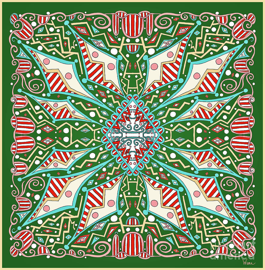 Square Design with Turquoise Diamonds with Red and White Stripes on a Green Background Mixed Media by Lise Winne