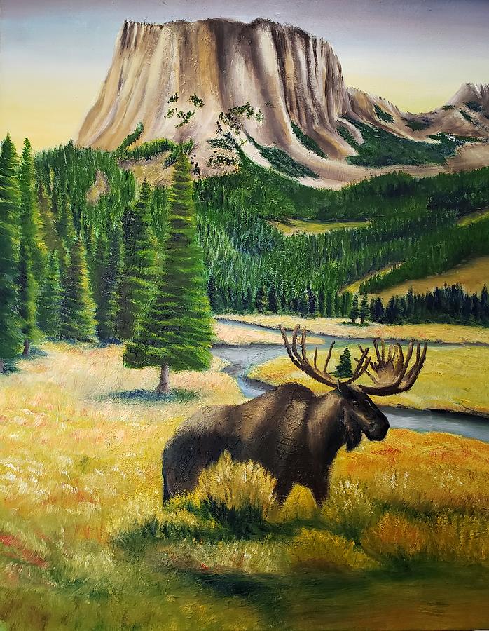 Square Top Evening with Moose Painting by Joseph Eisenhart