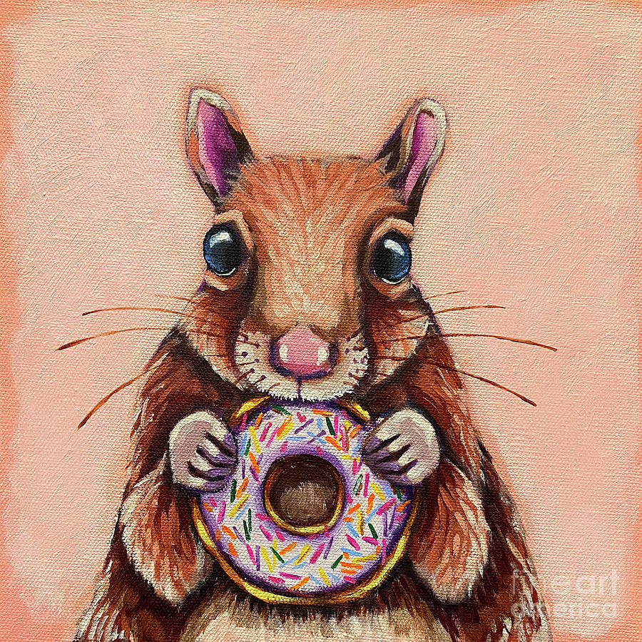 Squirrel eating a glazed donut Painting by Lucia Stewart