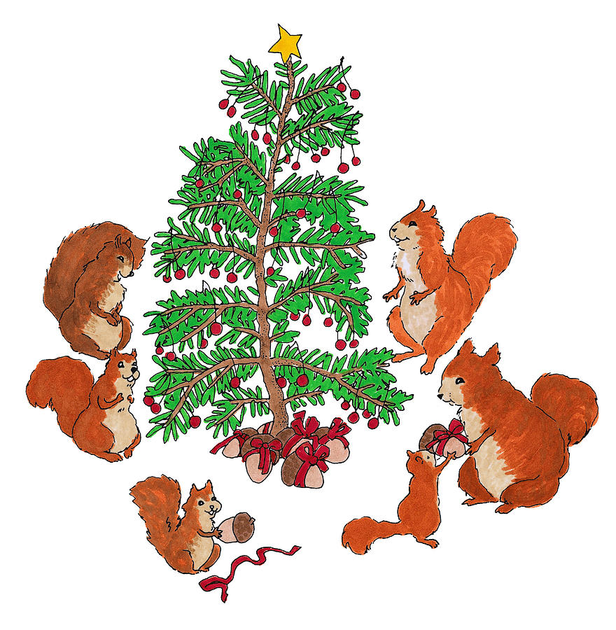 Squirrel Family Christmas Drawing by Hawley Wright