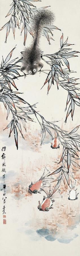 Squirrel on a bamboo branch watching goldfish - Chinese hanging scroll painting Painting by Xu Gu