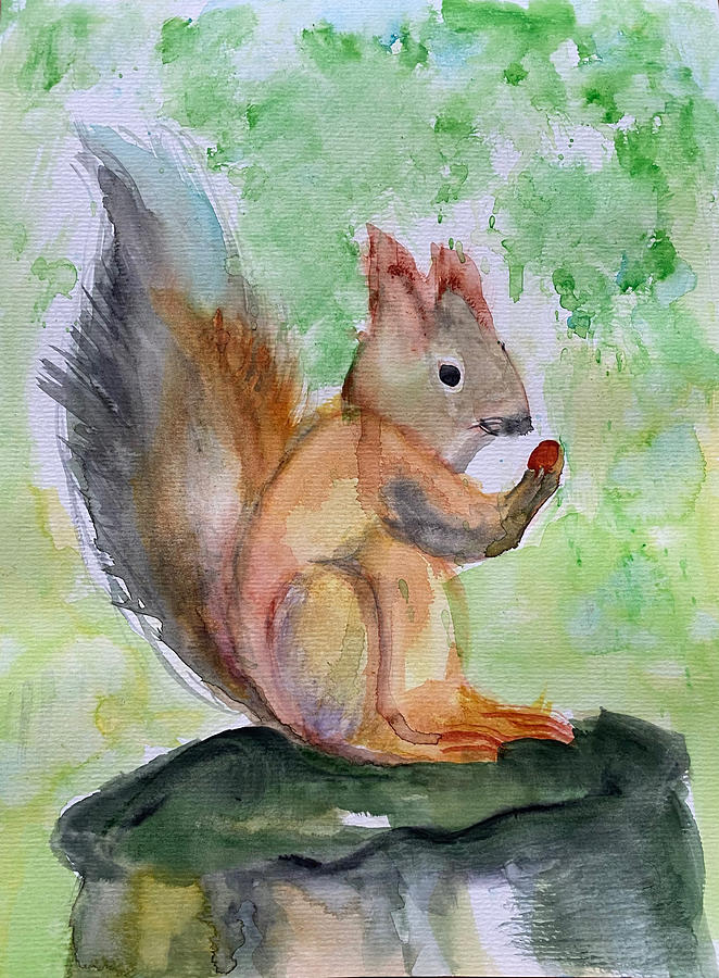 Squirrel on a stump Painting by Judy Dimentberg