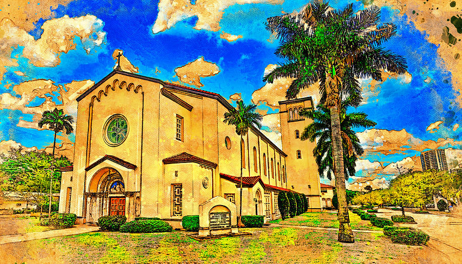 St. Anthony Catholic Church in Fort Lauderdale, Florida - digital painting with vintage look Digital Art by Nicko Prints