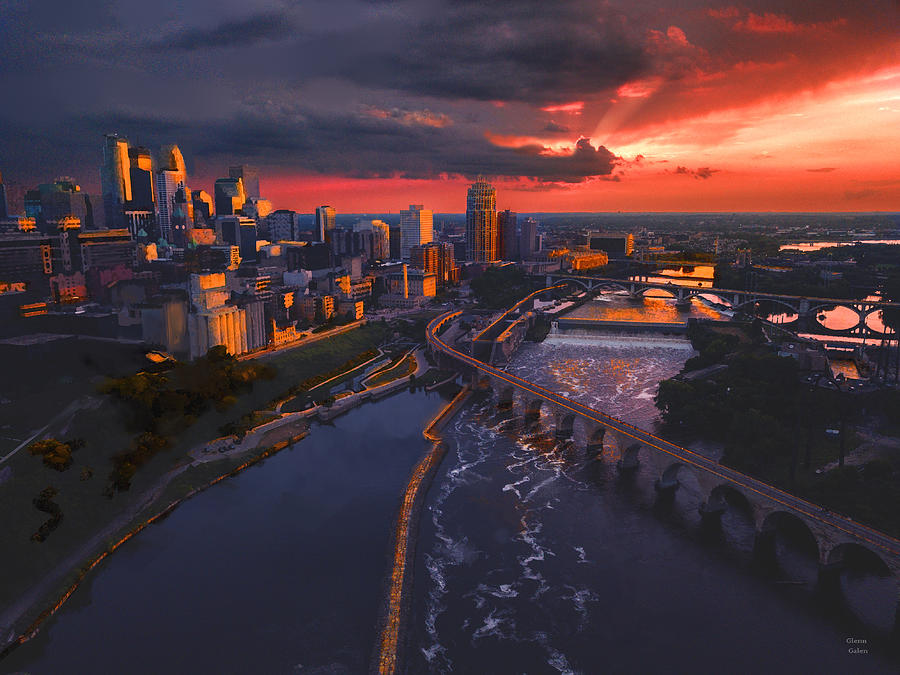 St Anthony Falls at Sunset - Minneapolis Painting by Glenn Galen