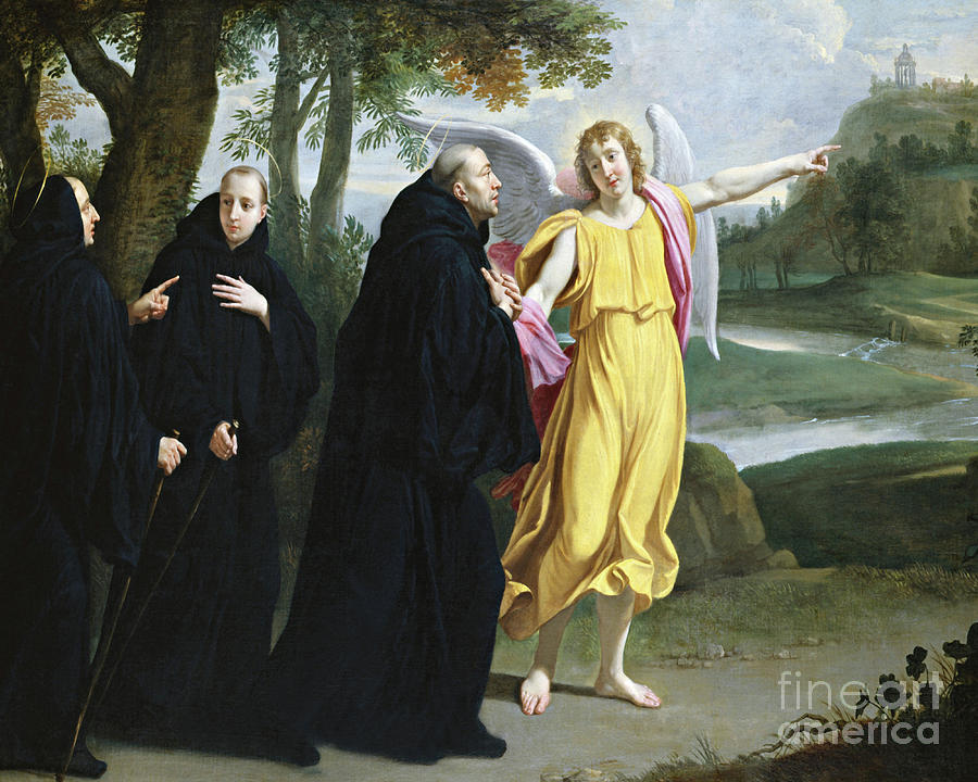St. Benedict of Nursia - Angel Pointing to Monastery of Mont Cassino - CZBNA Painting by Philippe de Champaigne