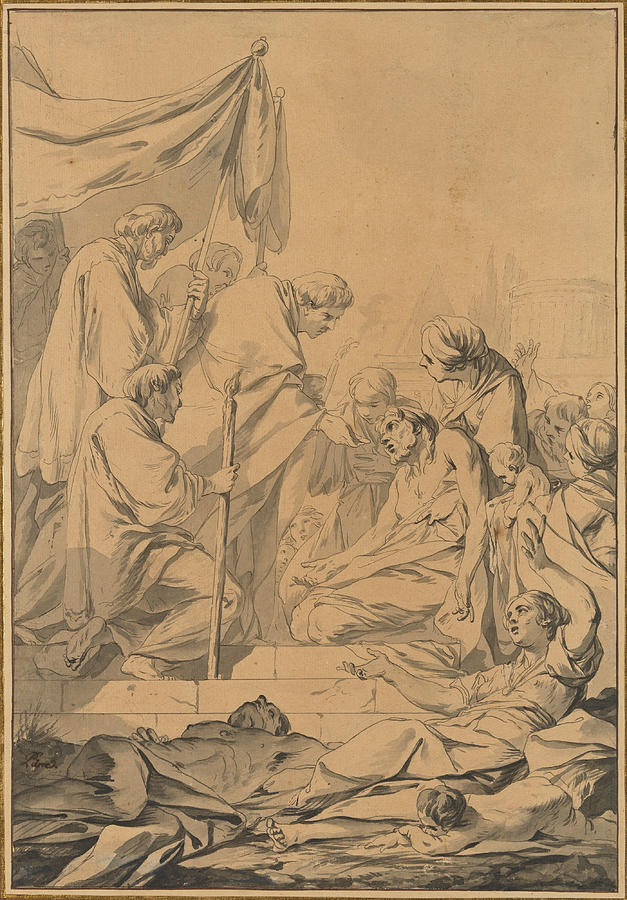 St. Charles Borromeo Distributing Communion to the Victims of the Plague in Milan Drawing by Jean-Baptiste Marie Pierre