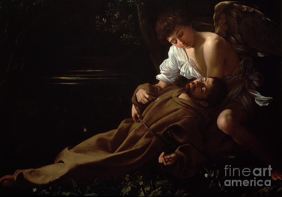 Caravaggio Painting - St Francis being comforted by an angel after receiving Stigmata by Caravaggio