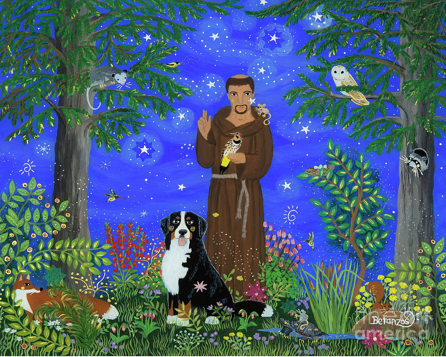 St. Francis Of Assisi Painting - St. Francis with Bernese Mountain Dog by Sue Betanzos