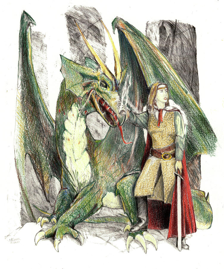 St. Joan and the Dragon- color print Drawing by Joel Keener St. Joan and the Dragon- color print Drawing by Joel Keener