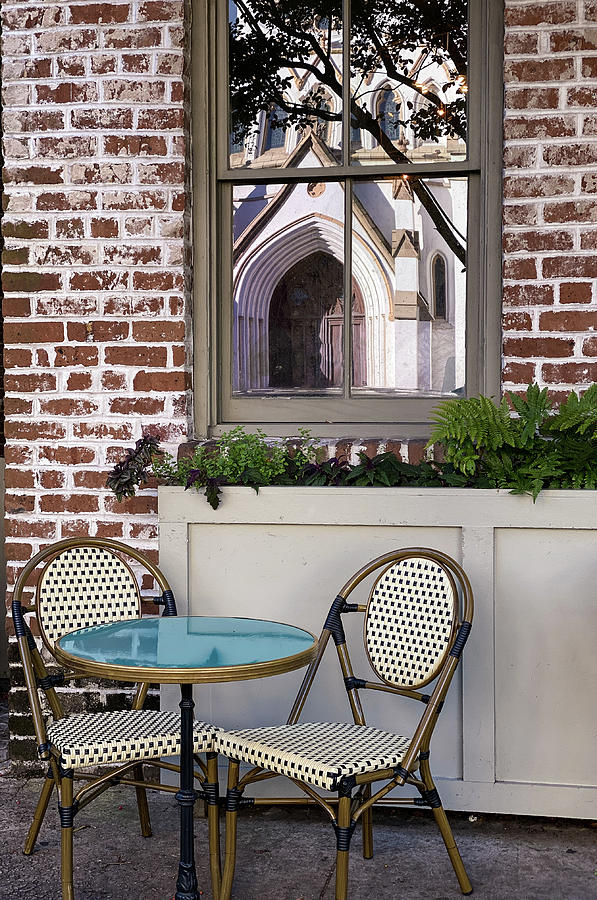 St. John Cathedral in the Cafe Window, Savannah, Georgia Photograph by Dawna Moore Photography