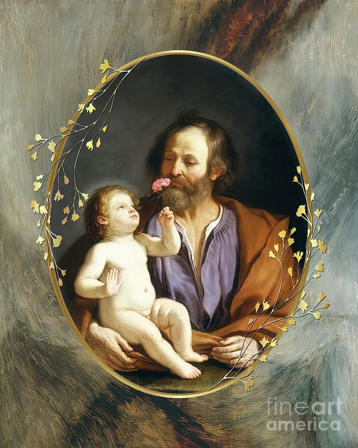 St Joseph and Chid Jesus Catholic Saint Mixed Media by Guercino