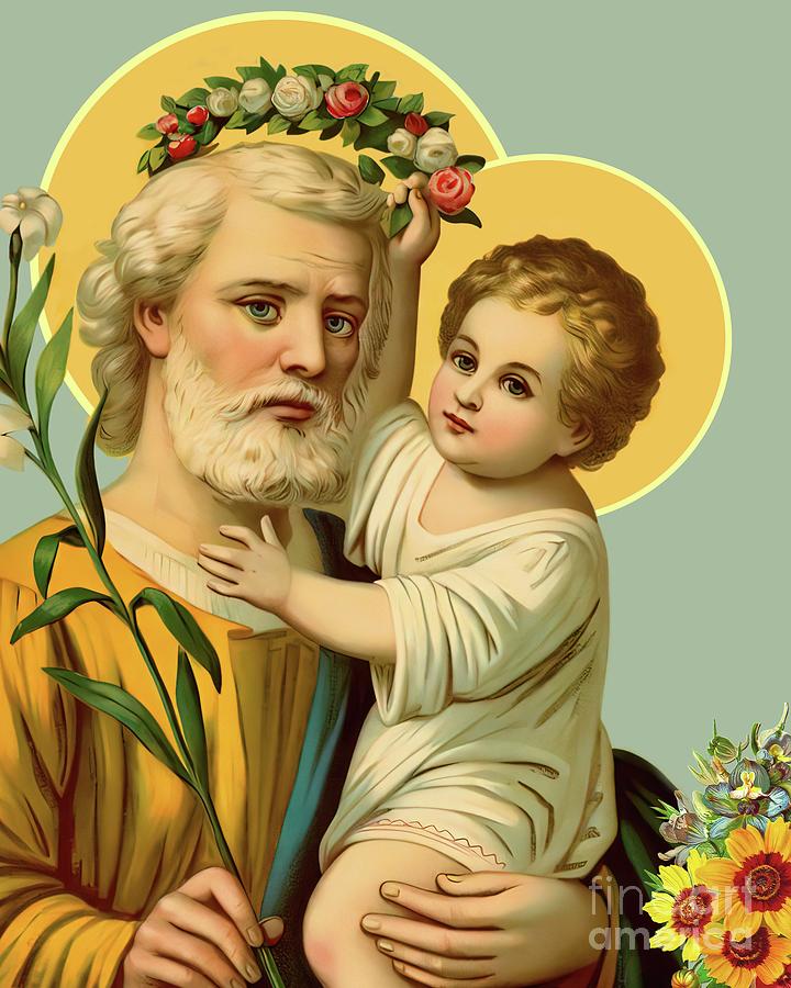 St Joseph and Child Jesus w Crown Flowers  Mixed Media by Cromolito