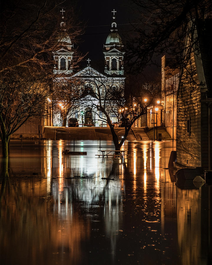 Tree Photograph - St Joseph Church Reflecting in the Spring Flood Waters by Kathryn by Photography By Phos3 Kathryn Parent and Dave Paddick