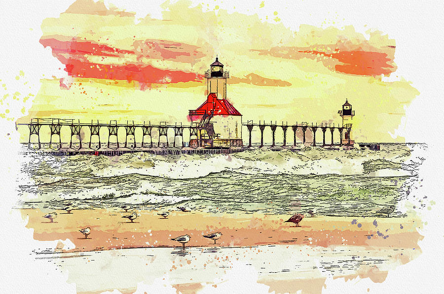 Architecture Painting - St. Joseph Lighthouses, in Benton Harbor, Michigan, watercolor, by Ahmet Asar by Celestial Images