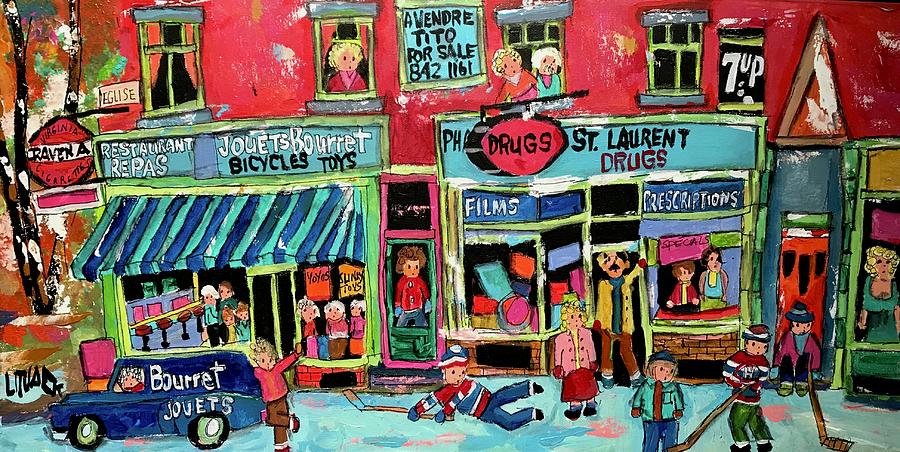 St. Laurent Pharmacie and Bourret Bicycle Toy shop Painting by Michael Litvack