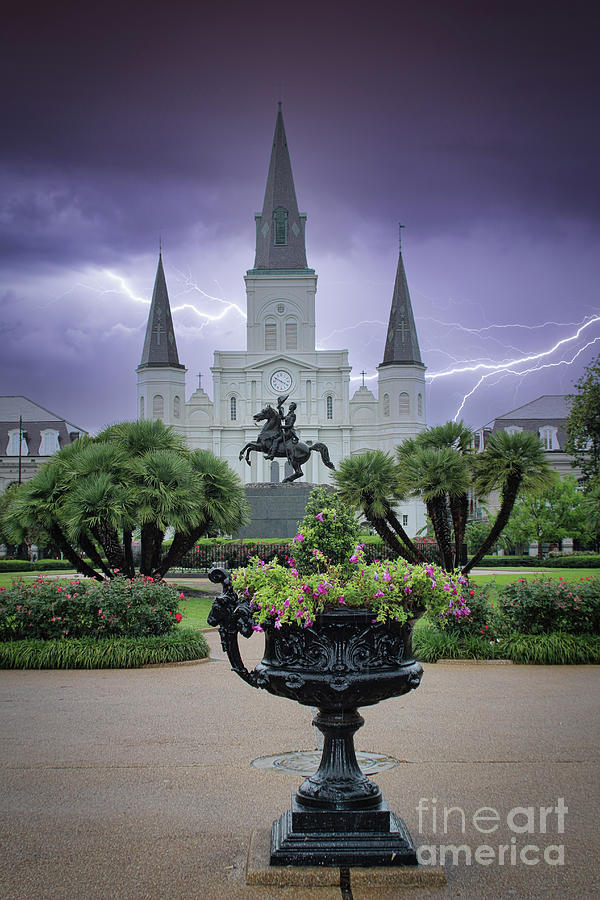 St. Louis Cathedral New Orleans Lightning  Photograph by Chuck Kuhn
