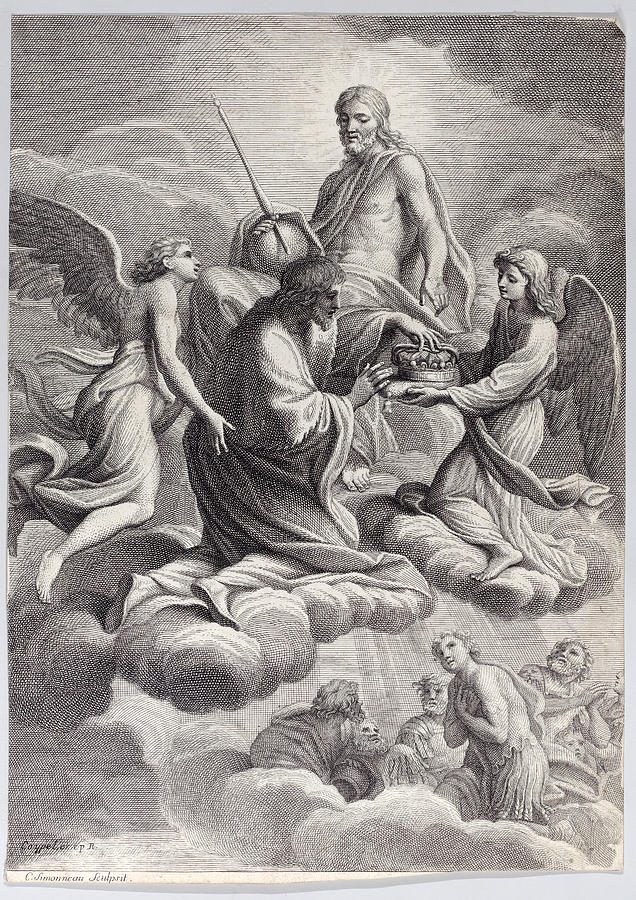 St Louis of France received into heaven by Christ and two angels who ...