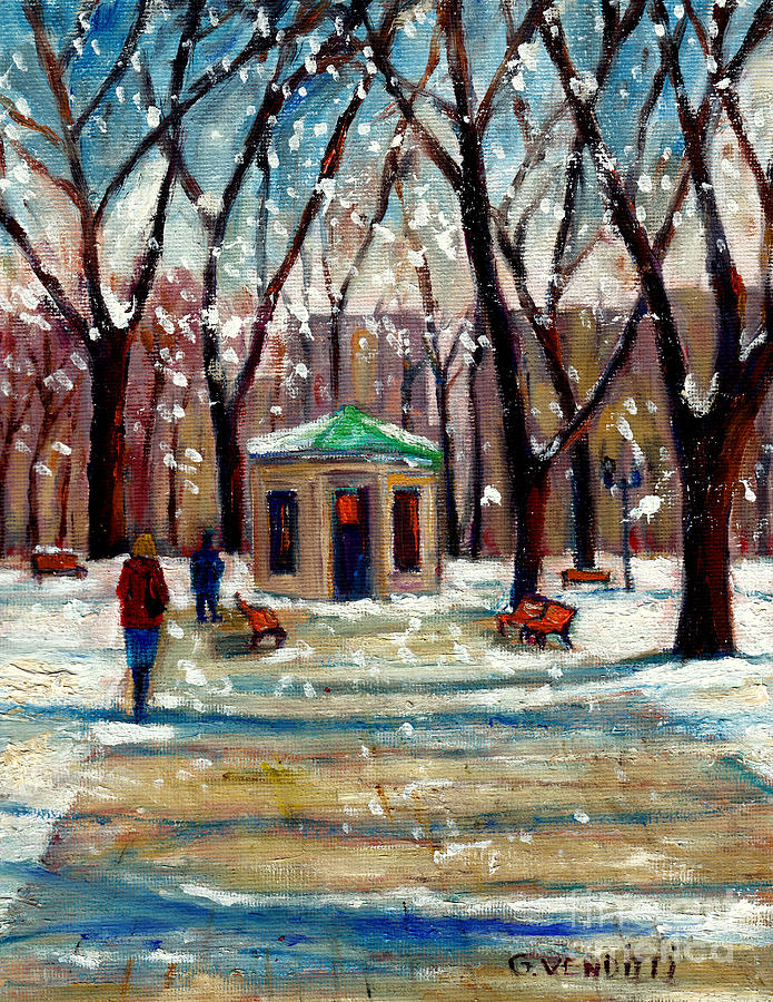 Snowy Montreal Winter Scene Painting St Louis Square  In Winter Walk City Scene Art Grace Venditti Painting by Grace Venditti