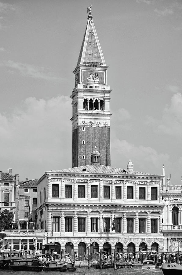St. Marks Bell Tower Rising Over Marciana Library Piazza San Marco Venice Italy Black and White Photograph by Shawn OBrien