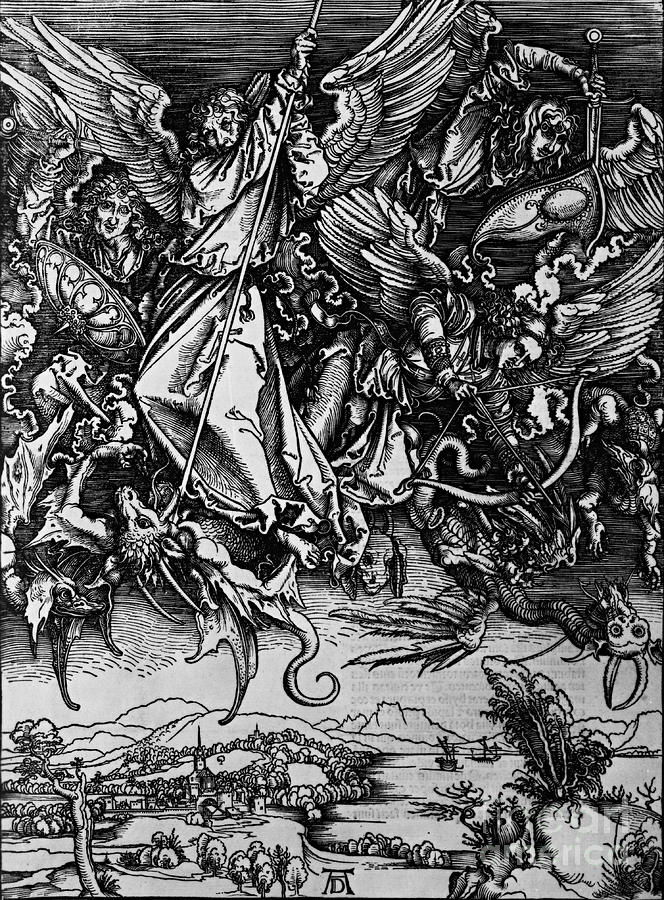 St Michael Fighting the Dragon Apocalypsis cum Figuris 1511 Drawing by Peter Ogden