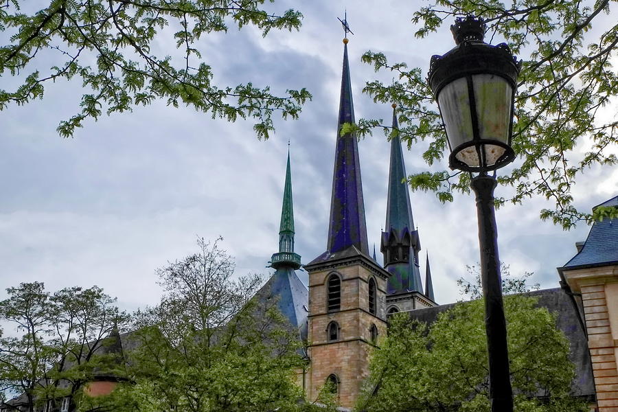 St Michaels Church towers and streetlamp, Luxembourg Photograph by Elenarts - Elena Duvernay photo