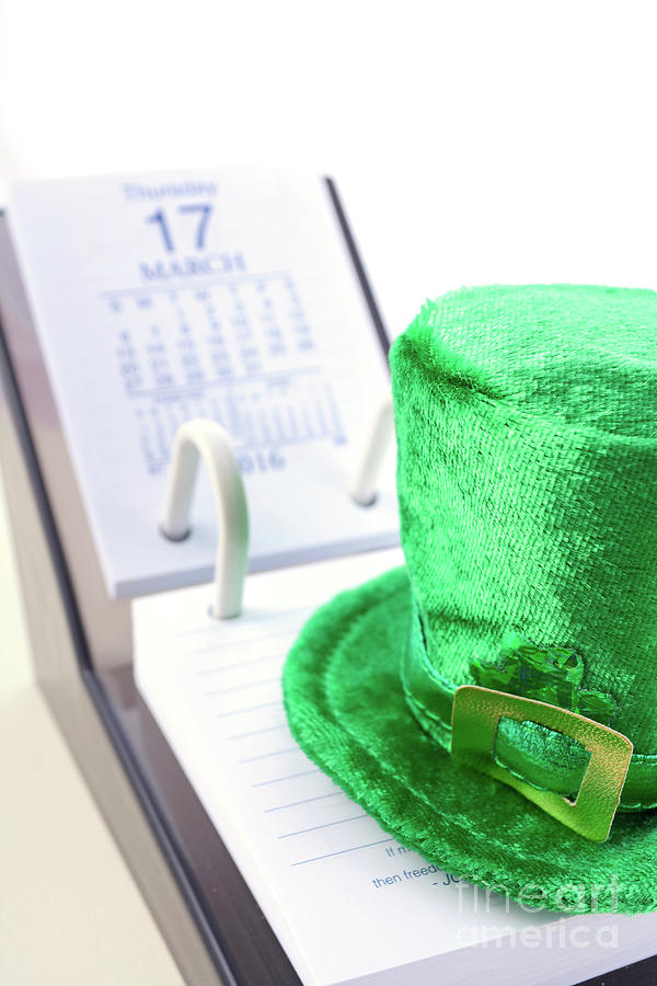St Patricks Day Photograph - St Patricks Day calendar for March 17 with green leprechaun hat by Milleflore Images