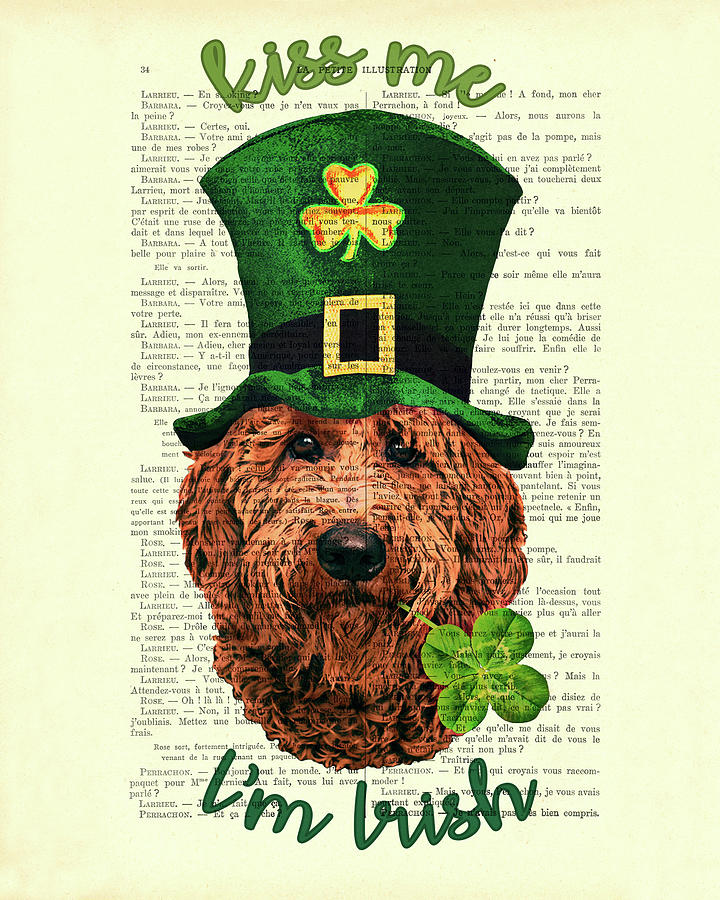 St Patricks Day Irish Doodle dog, Kiss me Im Irish Digital Art by Madame Memento