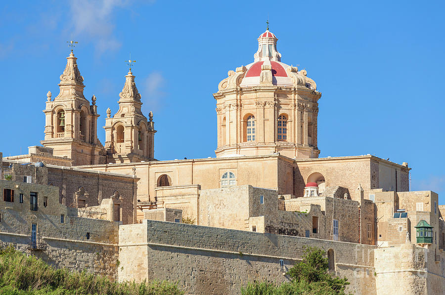 Mdina Photograph - St Pauls Cathedral and Skyline of medieval walled city, Mdina, Malta, EU, Europe by Neale And Judith Clark