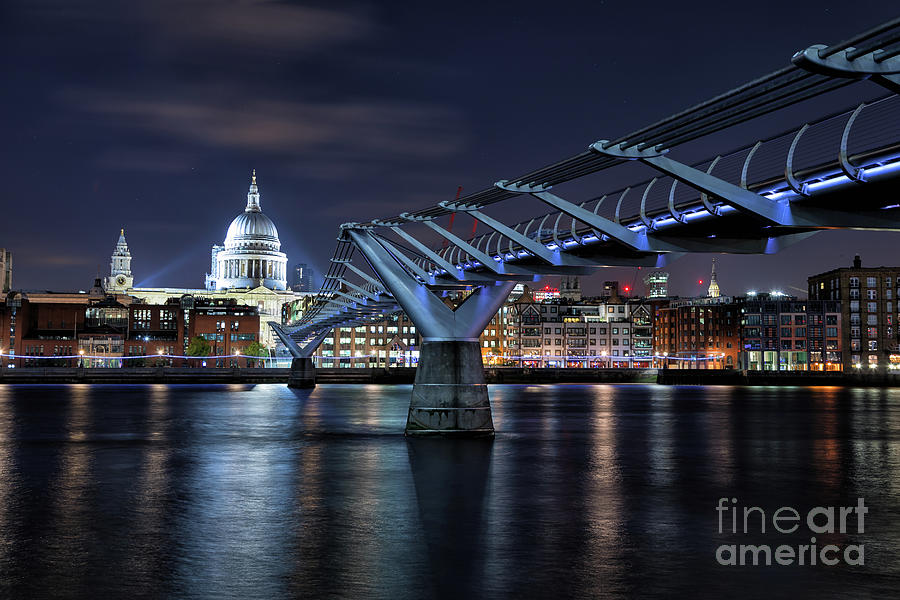 St Pauls Cathedral and the Millennium Bridge at night Photograph by Jane Rix