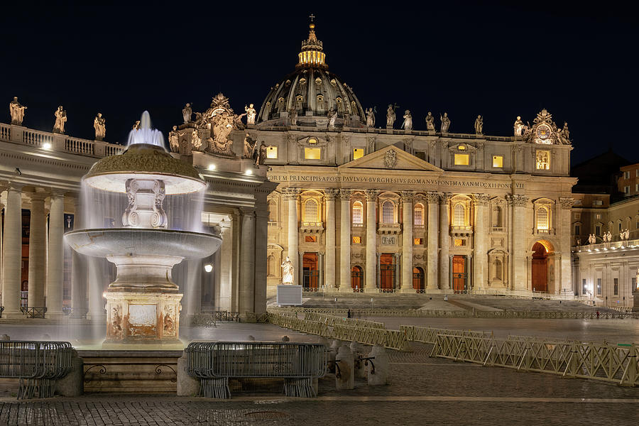 St Peter Basilica and Fountain in Vatican at Night Photograph by Artur Bogacki