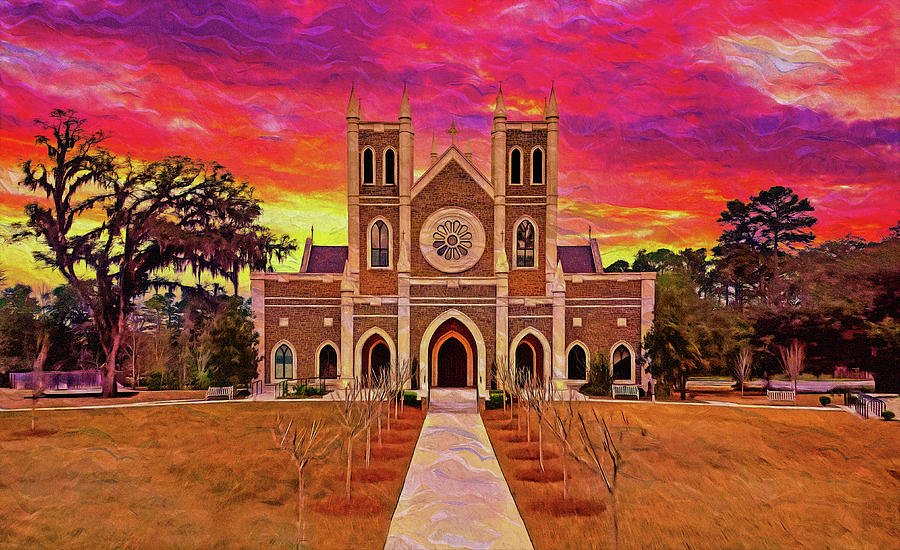 St Peters Cathedral in Tallahassee, Florida, at sunset - digital painting Digital Art by Nicko Prints